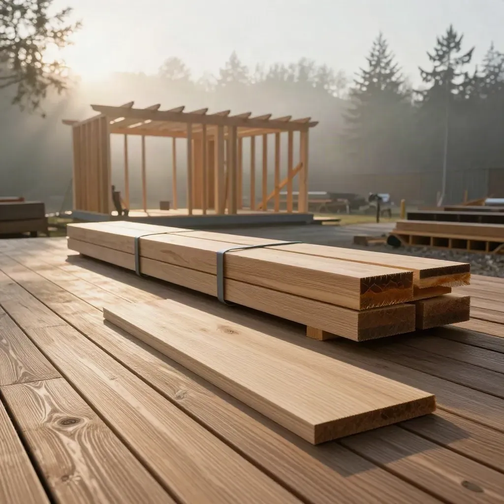 Travi lamellari, pergola e decking in un cantiere all’alba.