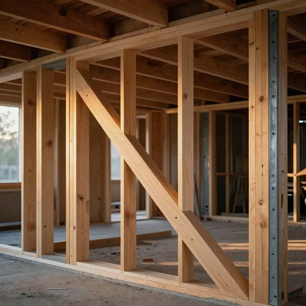 Telaio in legno prefabbricato in cantiere, visto dal basso tra montanti e puntone diagonale.