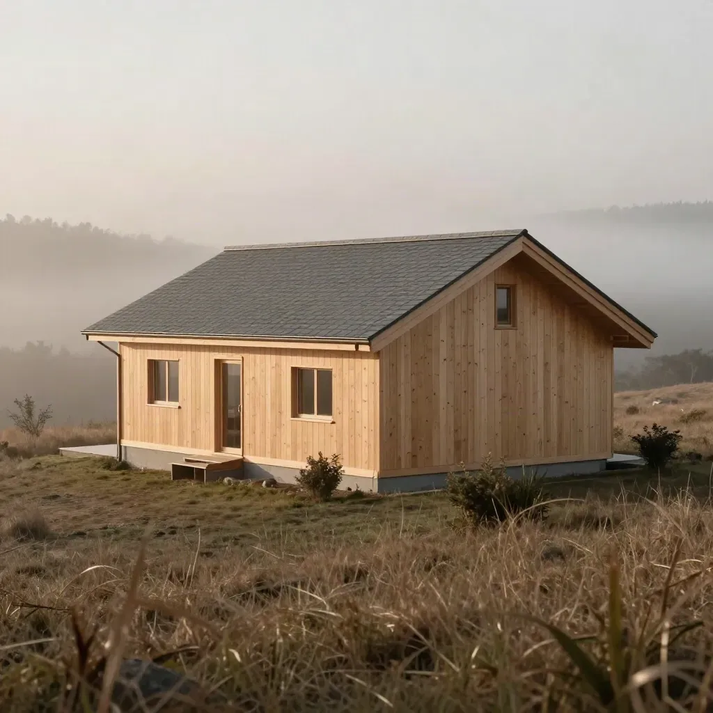Tetto in legno finito su casa di collina, avvolto dalla nebbia del mattino.