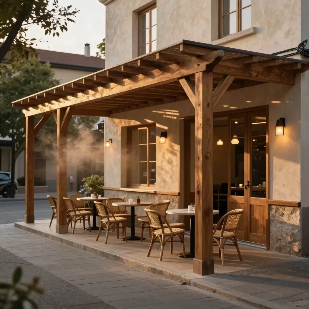 Pergola in legno per dehors serale in centro, tavolini vuoti e luci calde sotto le travi.