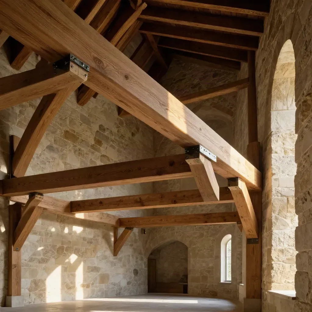 Capriate in legno completate in una villa di campagna, luce radente e polvere nell’aria.