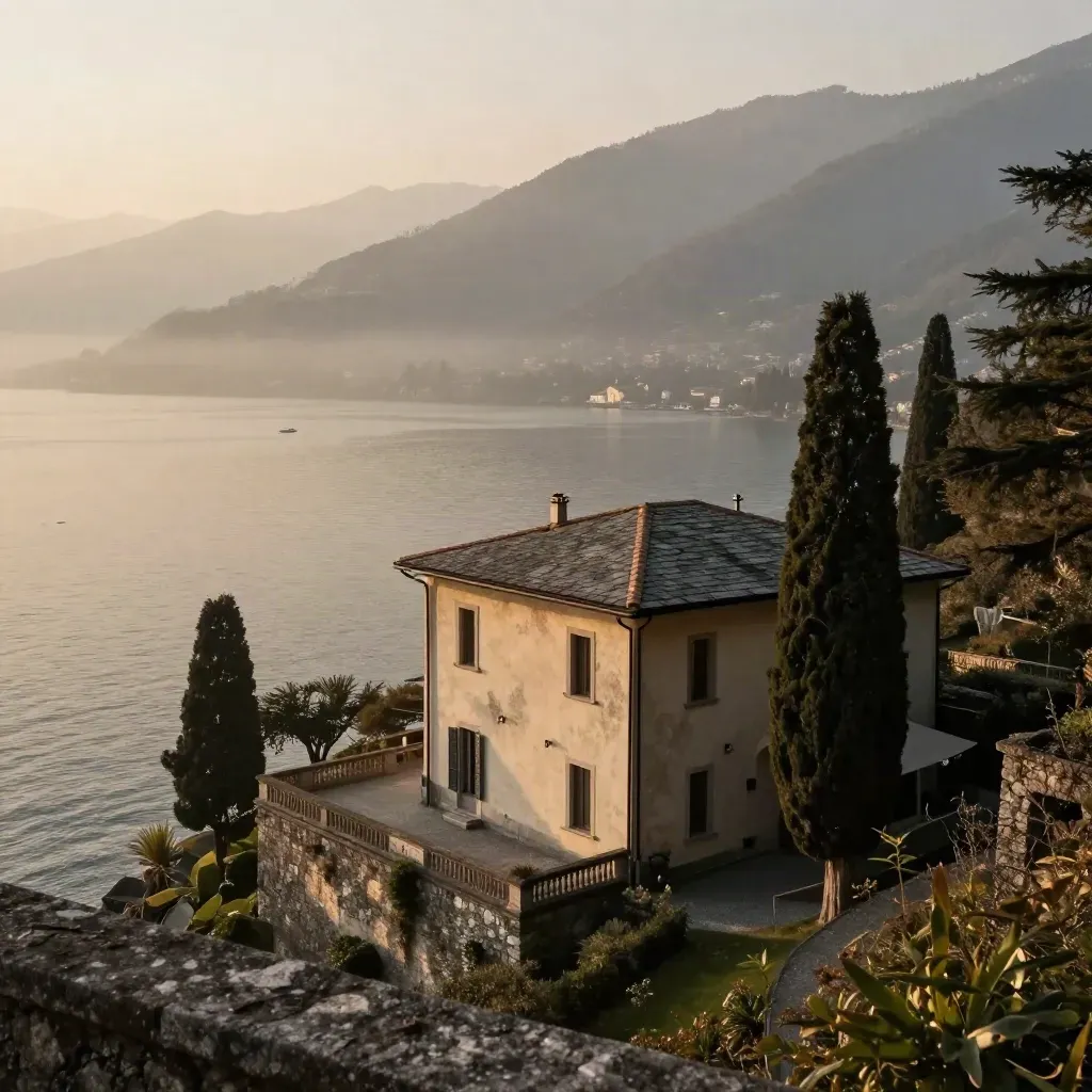 Villa e cipressi sul Lago di Como al tramonto, con acqua velata e luce dorata