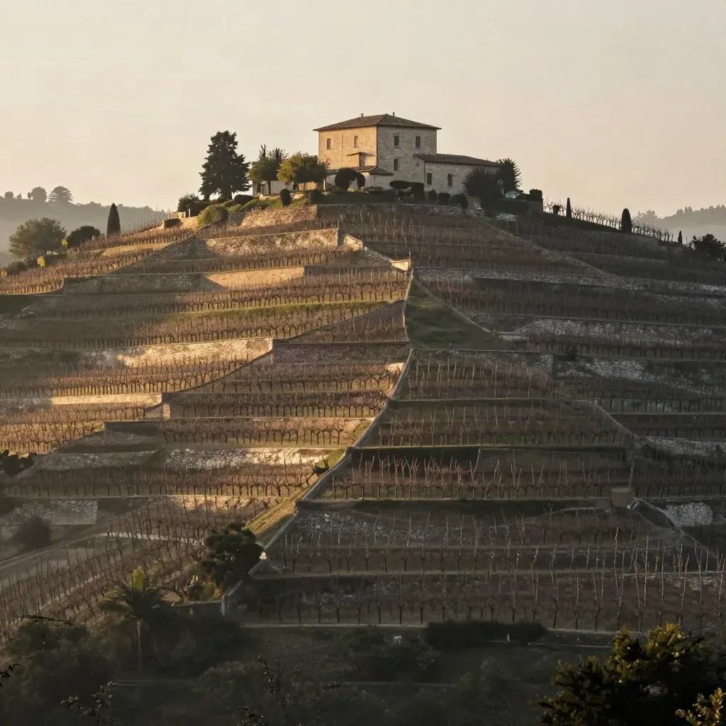 Terrazze vitate della Valpolicella e villa in collina sopra Verona all’alba.