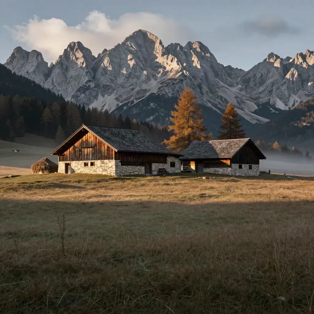 Valle dolomitica con baite in legno e cime alpine, luce del tardo pomeriggio